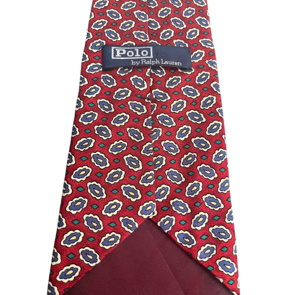 Polo Ralph Lauren Red Silk Medallion Geometric Print Mens Necktie Made By Hand